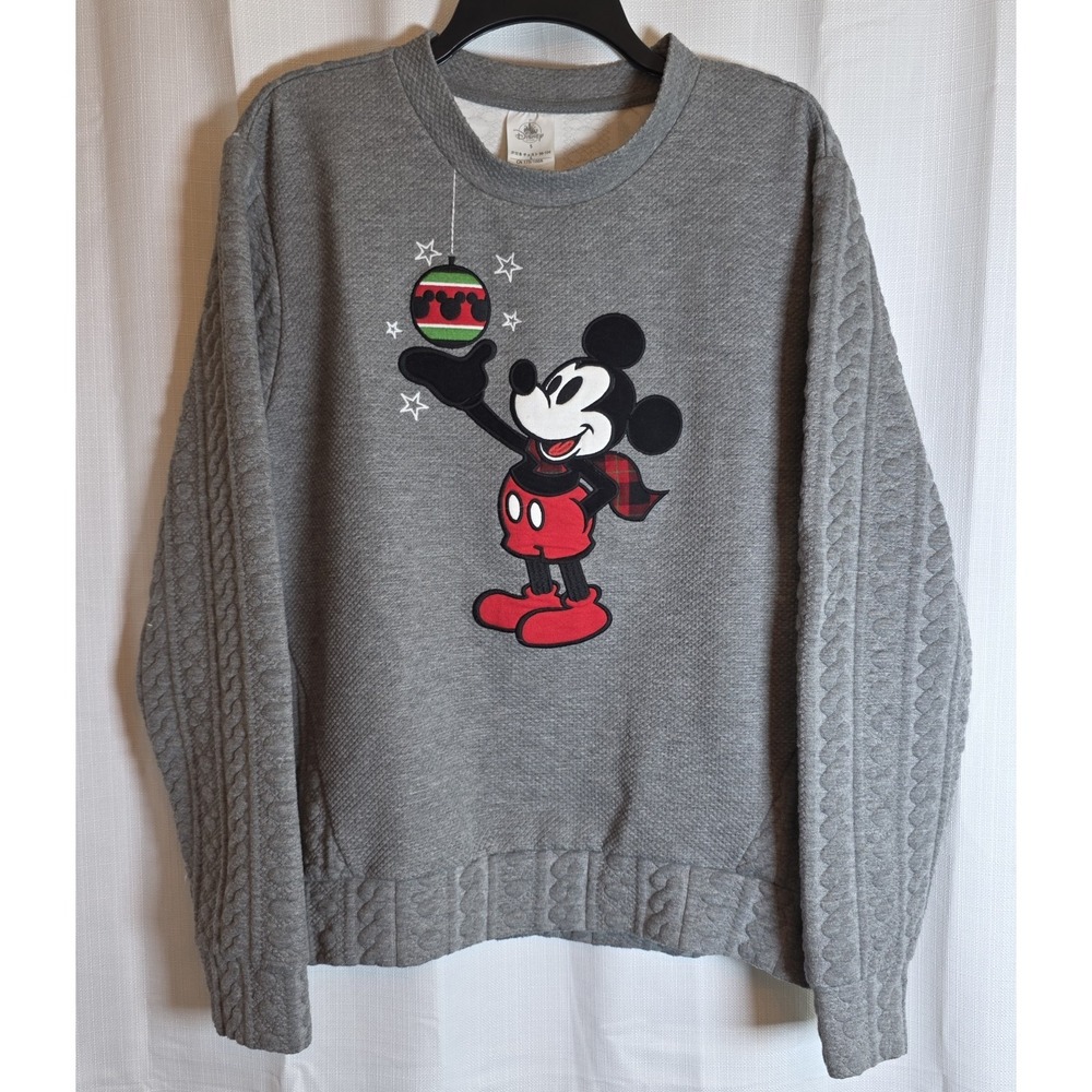 Disney Mickey Mouse Christmas Sweater Cable Knit‎ Gray Quilted Women's Size S